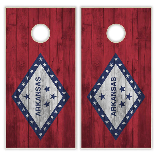 Arkansas State Flag Cornhole Set - Distressed Wood