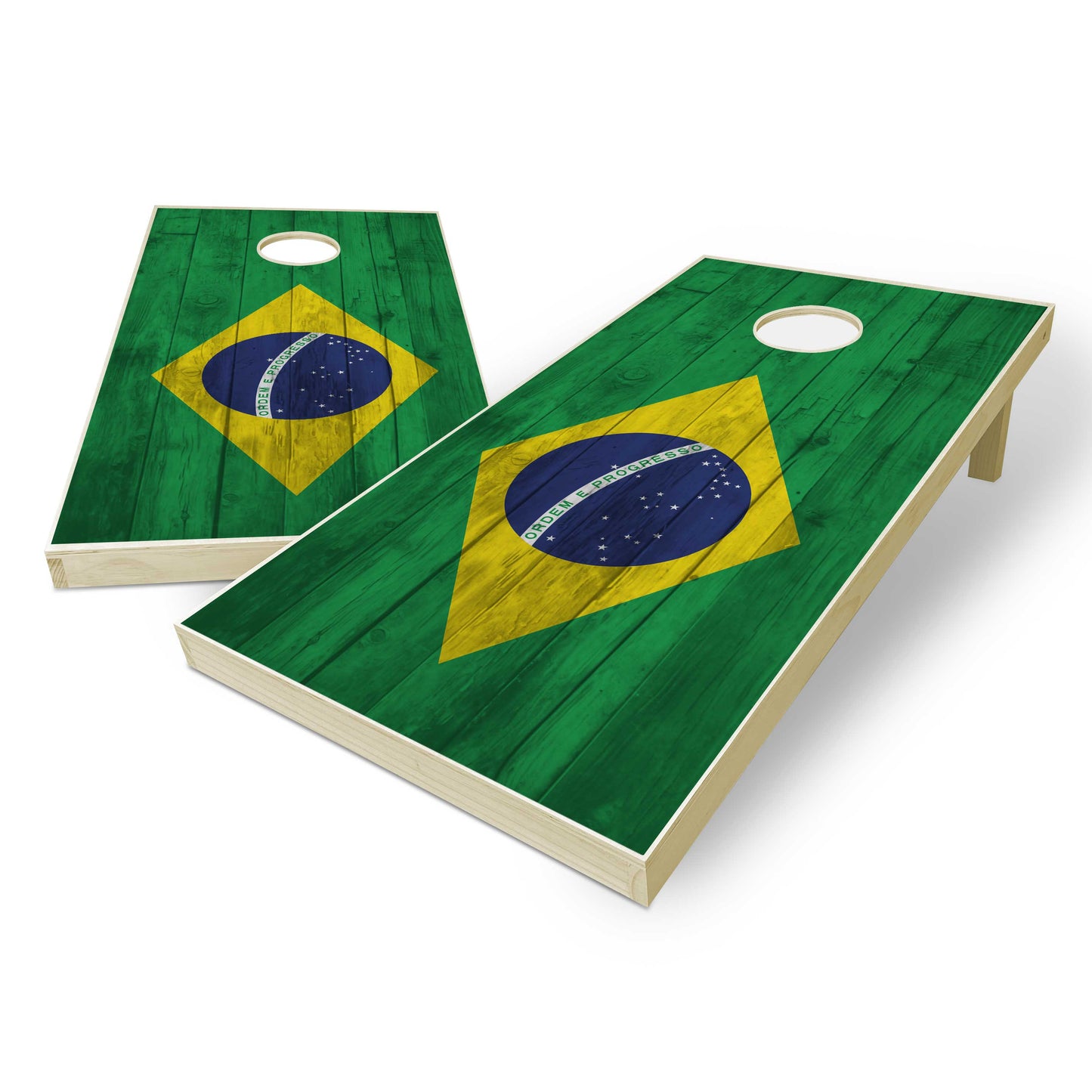 Brazil Flag Cornhole Set - Distressed Wood