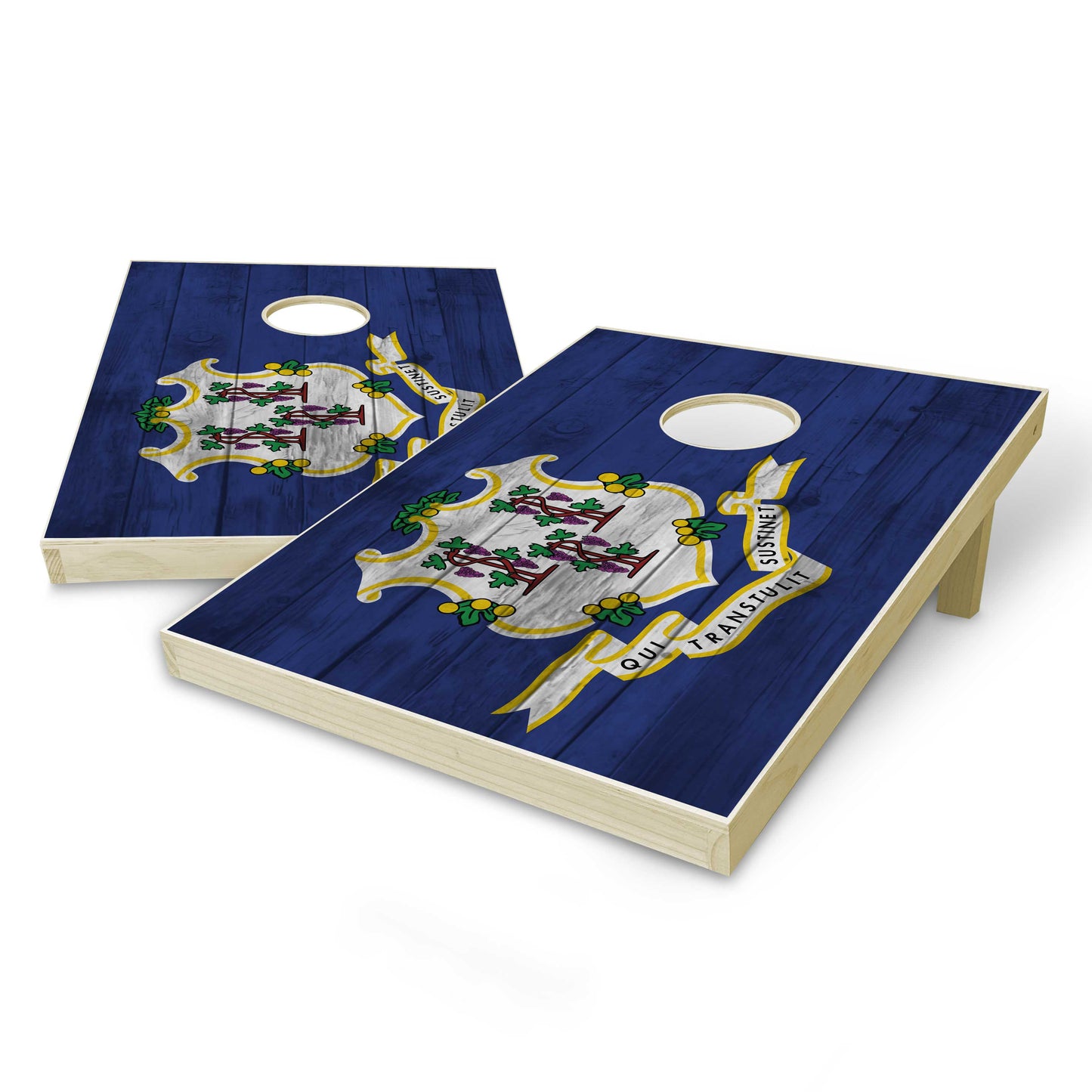 Connecticut State Flag Tailgate Cornhole Set - Distressed Wood