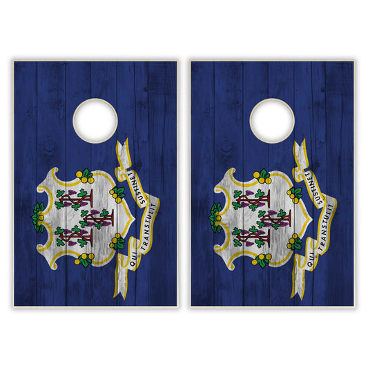 Connecticut State Flag Tailgate Cornhole Set - Distressed Wood