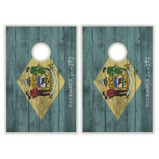 Delaware State Flag Tailgate Cornhole Set - Distressed Wood