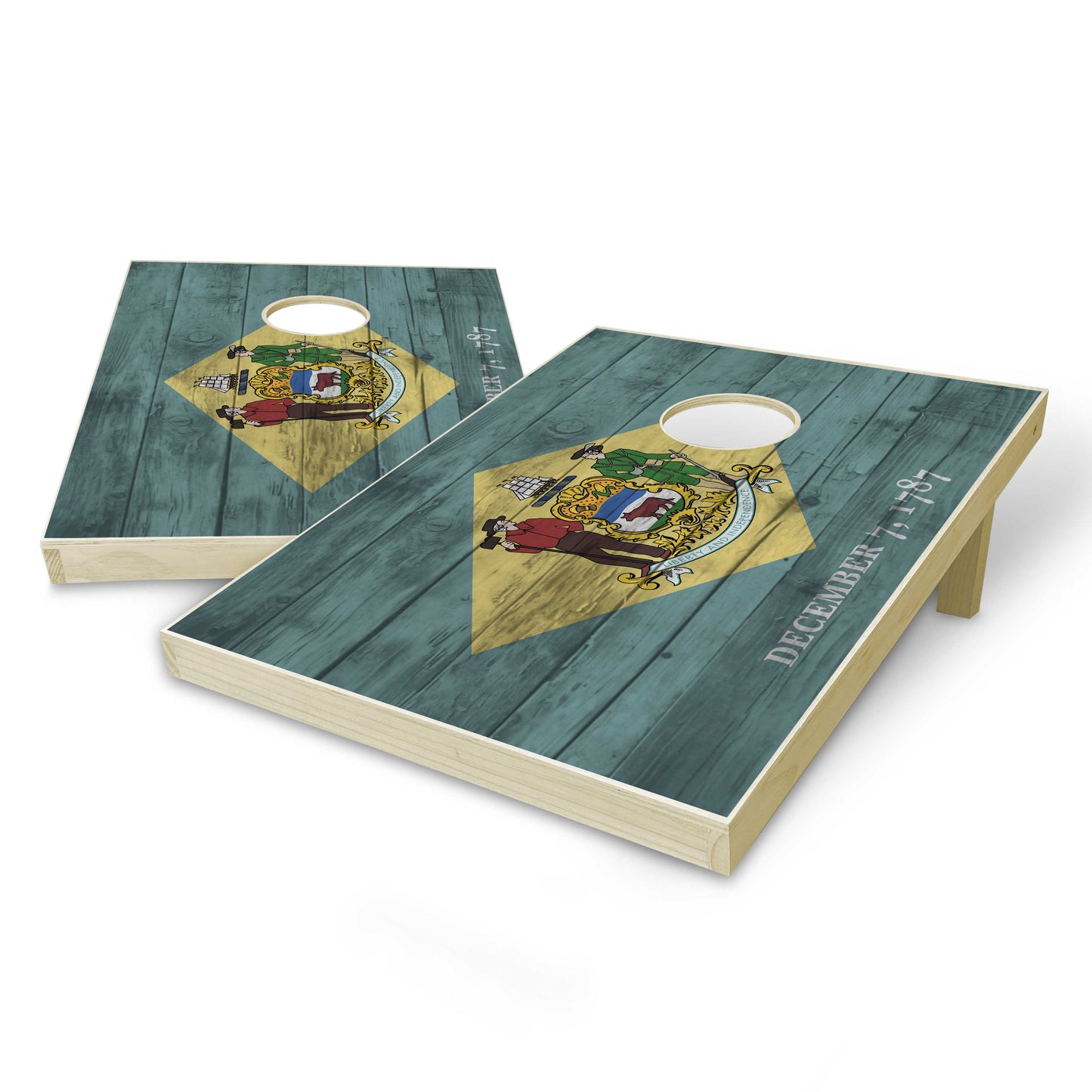 Delaware State Flag Tailgate Cornhole Set - Distressed Wood