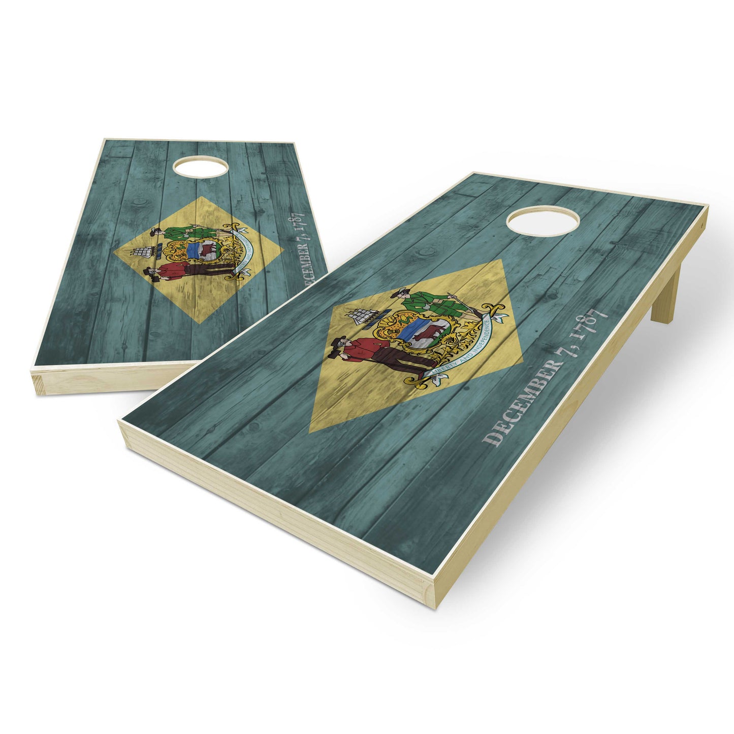 Delaware State Flag Cornhole Set - Distressed Wood
