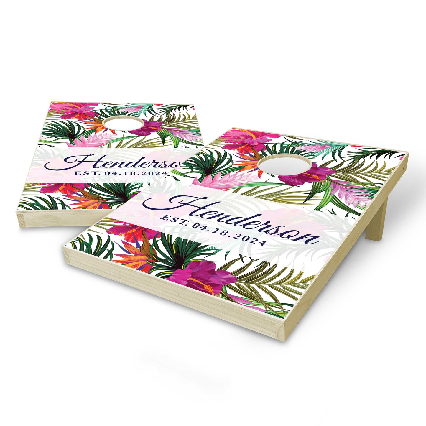 Customized Pink Floral Wedding Tailgate Cornhole Set