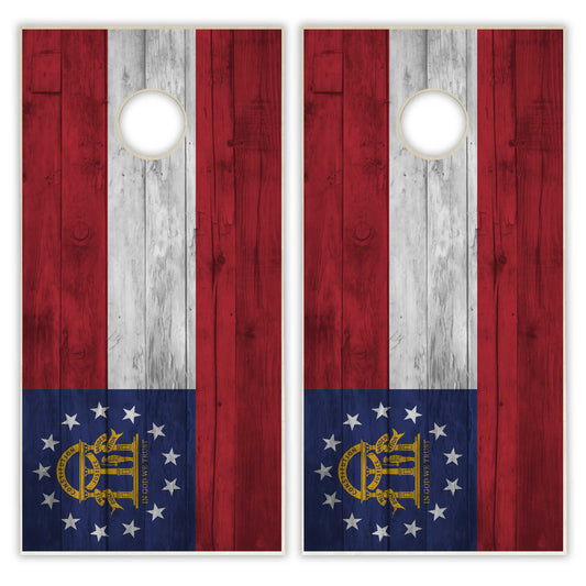 Georgia State Flag Cornhole Set - Distressed Wood