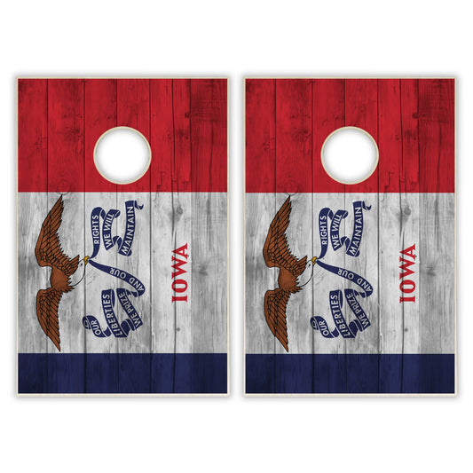Iowa State Flag Tailgate Cornhole Set - Distressed Wood