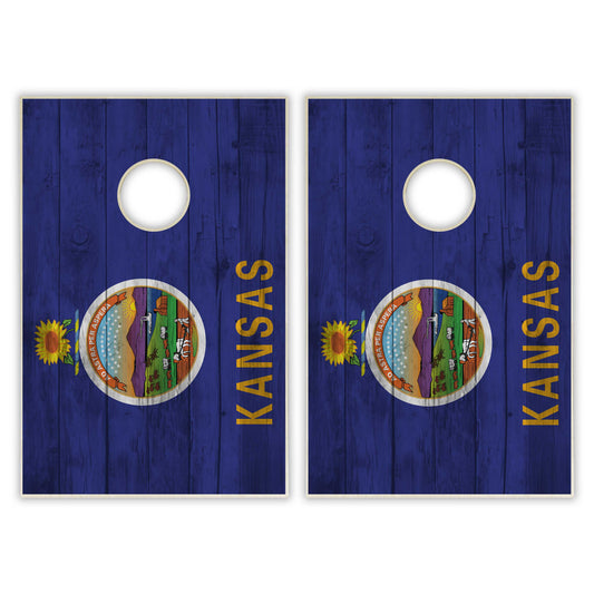 Kansas State Flag Tailgate Cornhole Set - Distressed Wood