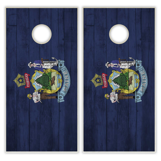 Maine State Flag Cornhole Set - Distressed Wood