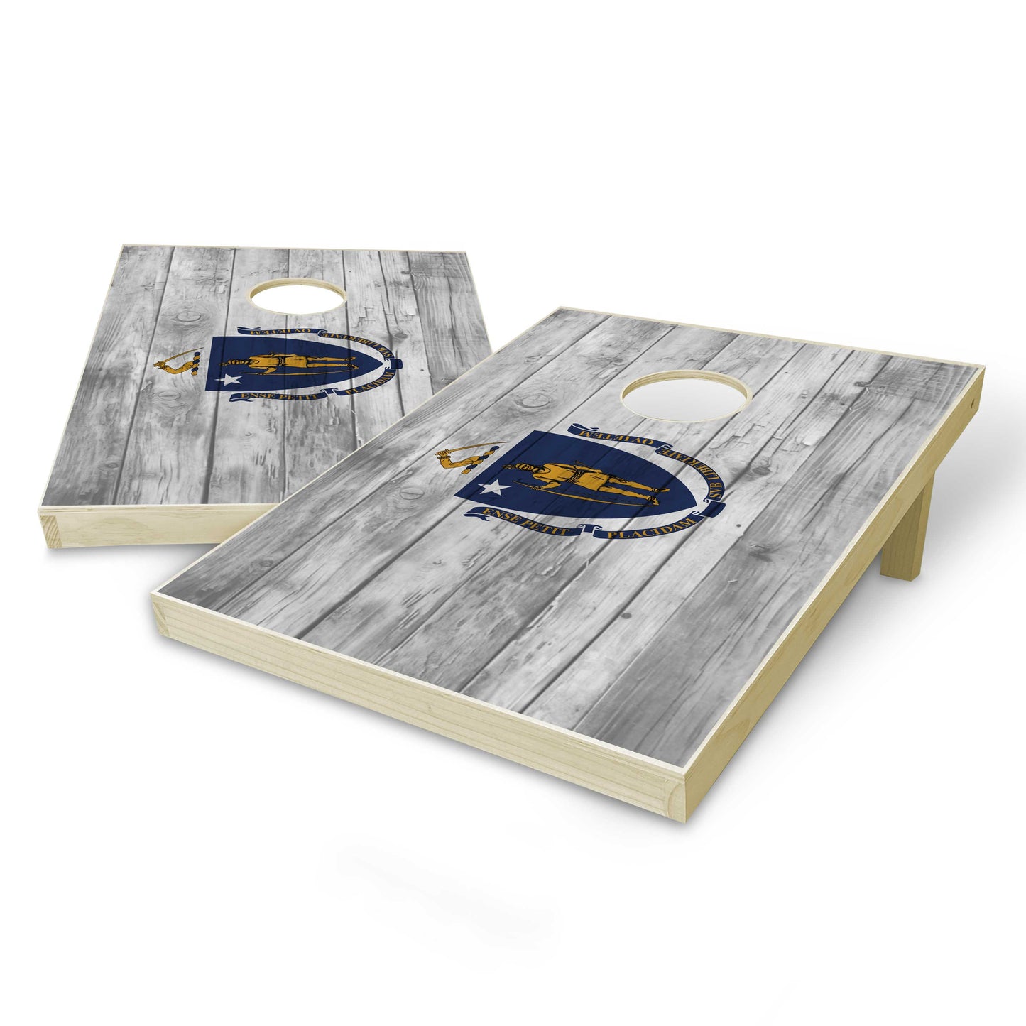 MassachuSet - Distressed Woodts State Flag Tailgate Cornhole Set - Distressed Wood