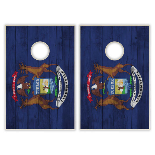 Michigan State Flag Tailgate Cornhole Set - Distressed Wood