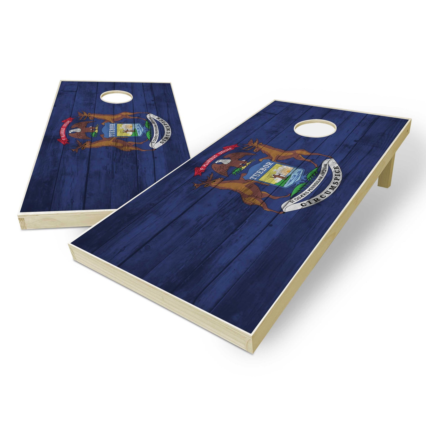 Michigan State Flag Cornhole Set - Distressed Wood