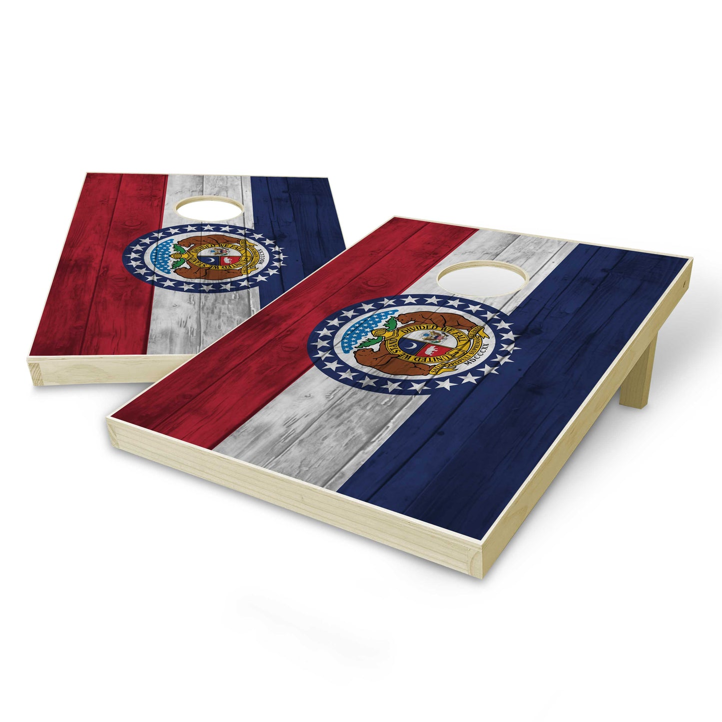 Missouri State Flag Tailgate Cornhole Set - Distressed Wood
