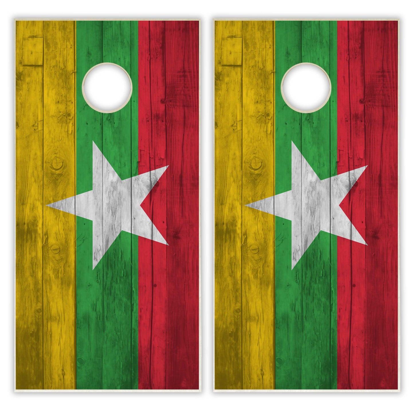 Myanmar Flag Cornhole Set - Distressed Wood