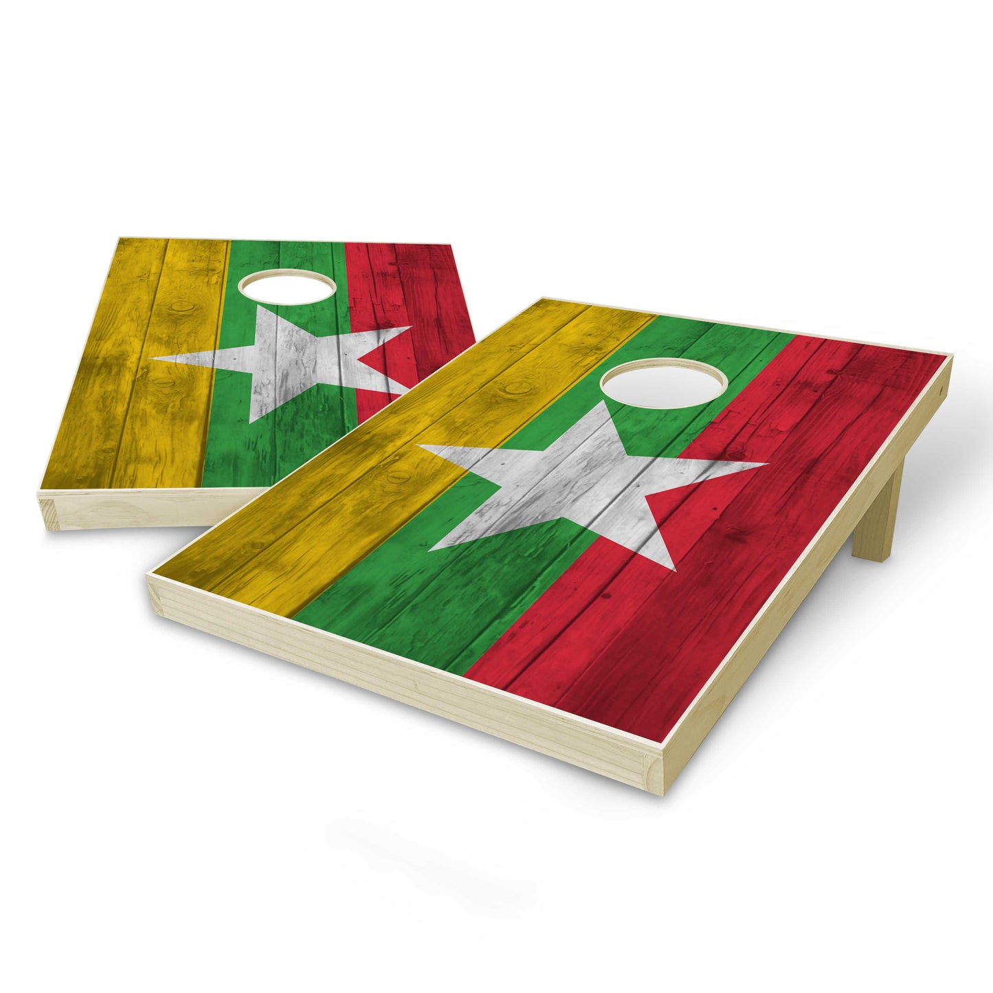 Myanmar Flag Tailgate Cornhole Set - Distressed Wood