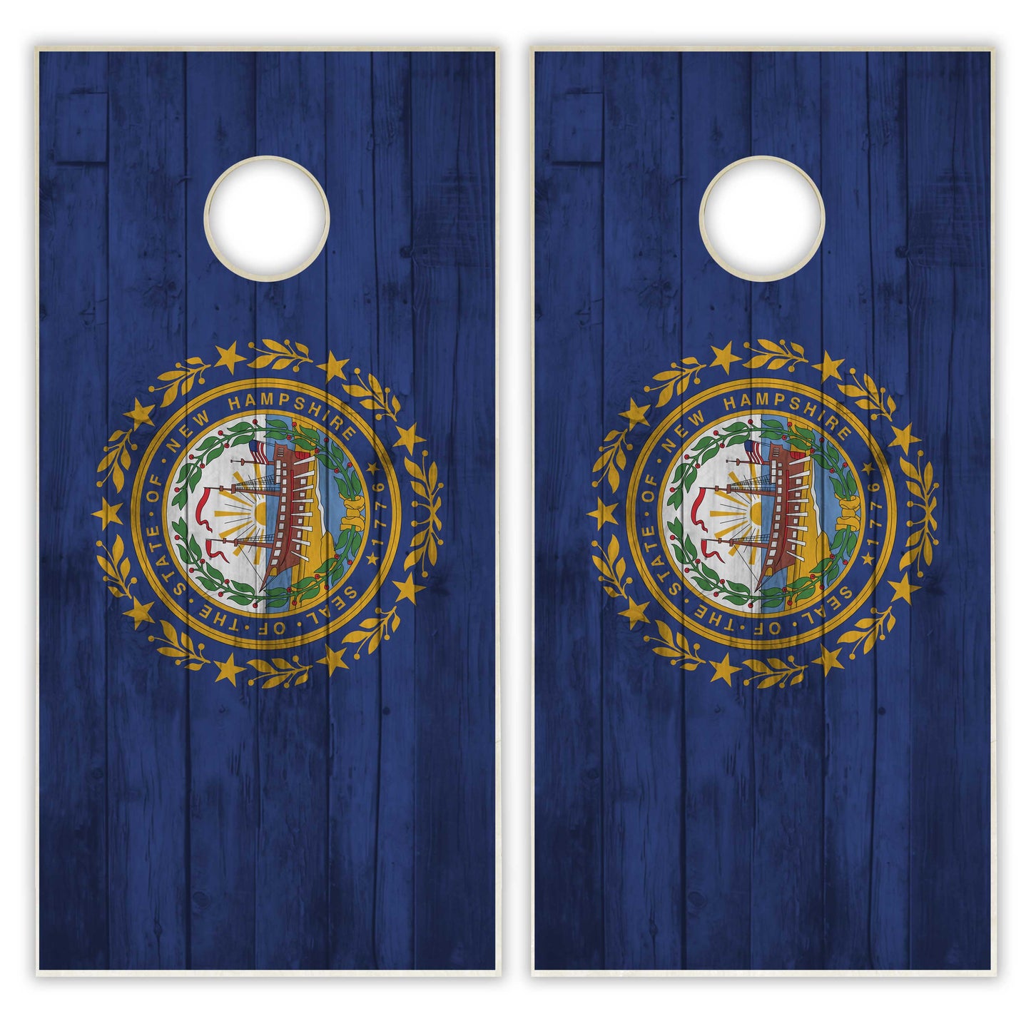 New Hampshire State Flag Cornhole Set - Distressed Wood
