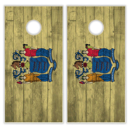 New Jersey State Flag Cornhole Set - Distressed Wood