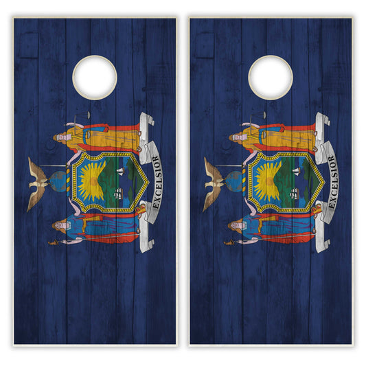 New York State Flag Cornhole Set - Distressed Wood