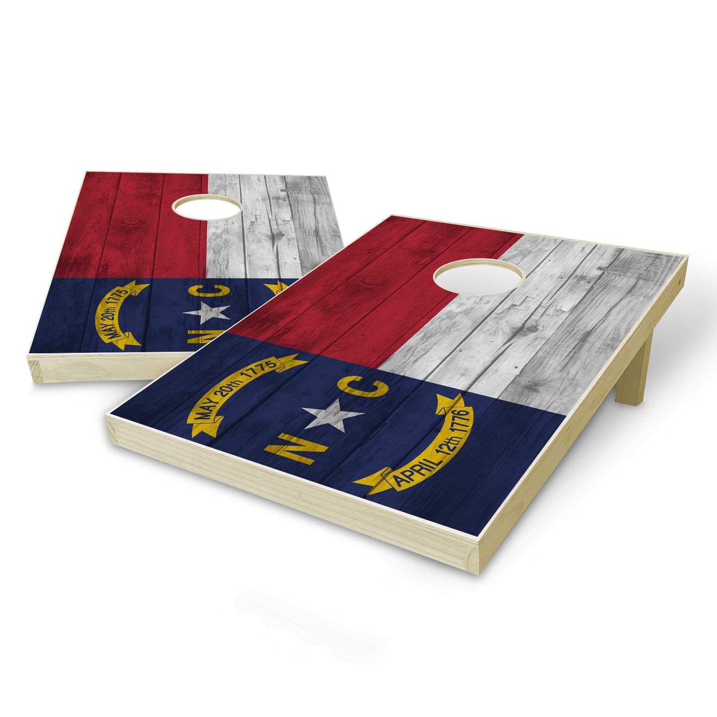 North Carolina State Flag Tailgate Cornhole Set - Distressed Wood