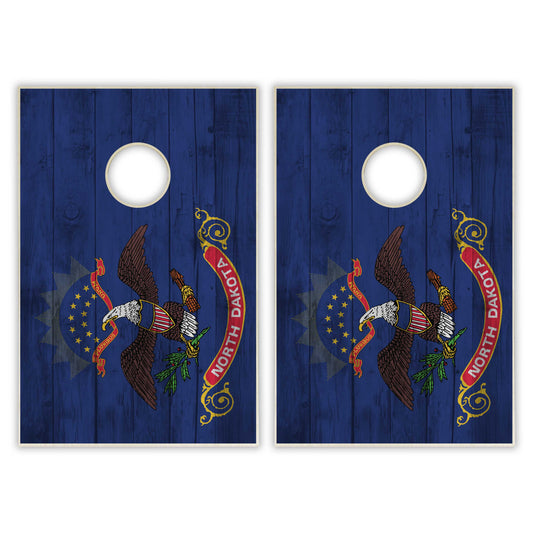 North Dakota State Flag Tailgate Cornhole Set - Distressed Wood