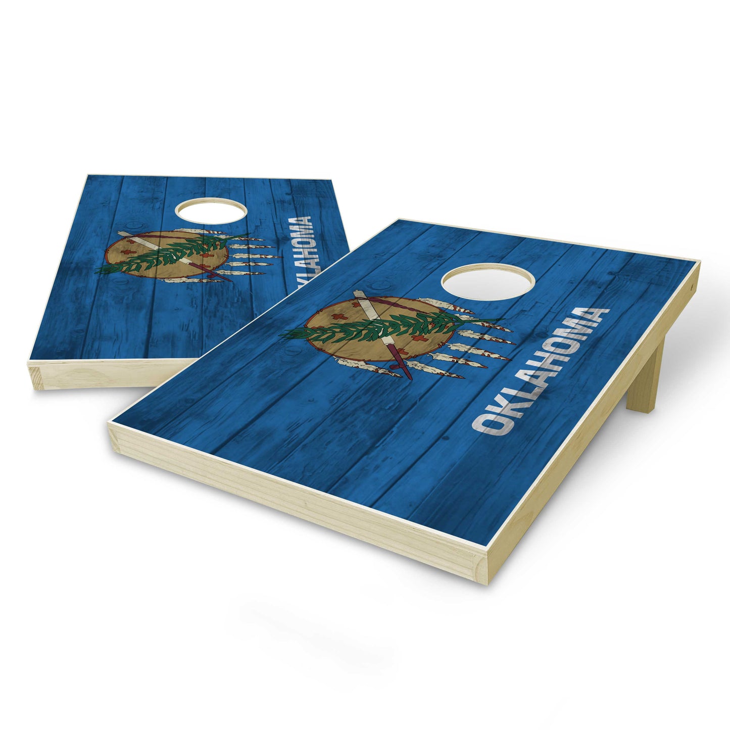 Oklahoma State Flag Tailgate Cornhole Set - Distressed Wood