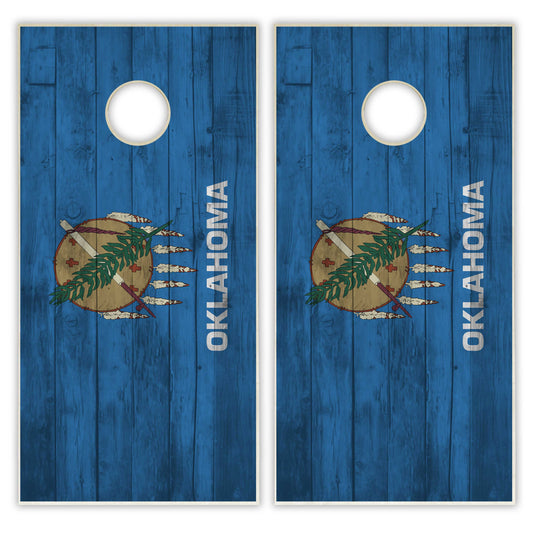Oklahoma State Flag Cornhole Set - Distressed Wood