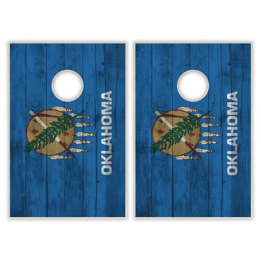 Oklahoma State Flag Tailgate Cornhole Set - Distressed Wood