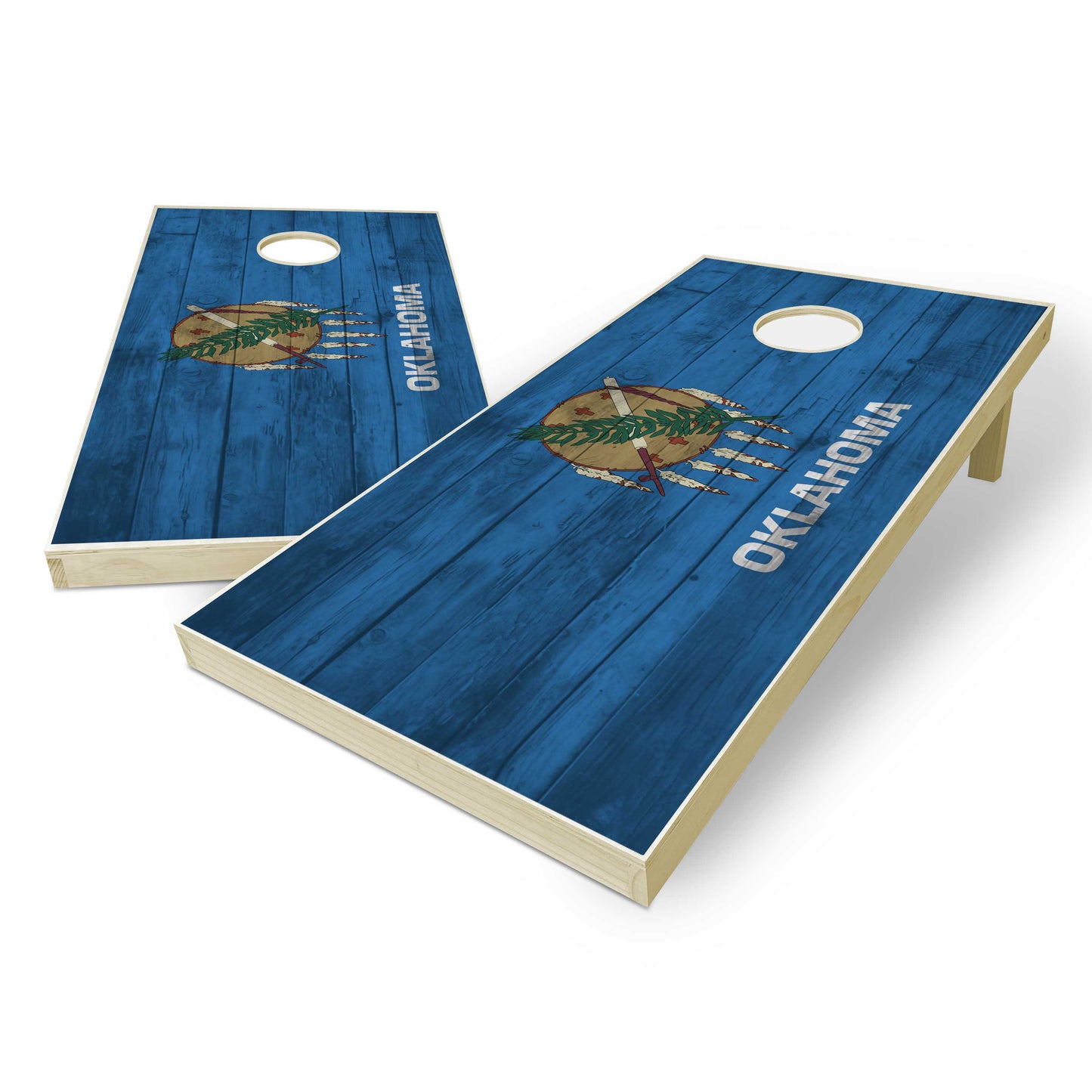 Oklahoma State Flag Cornhole Set - Distressed Wood