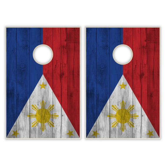 Phillippines Flag Tailgate Cornhole Set - Distressed Wood