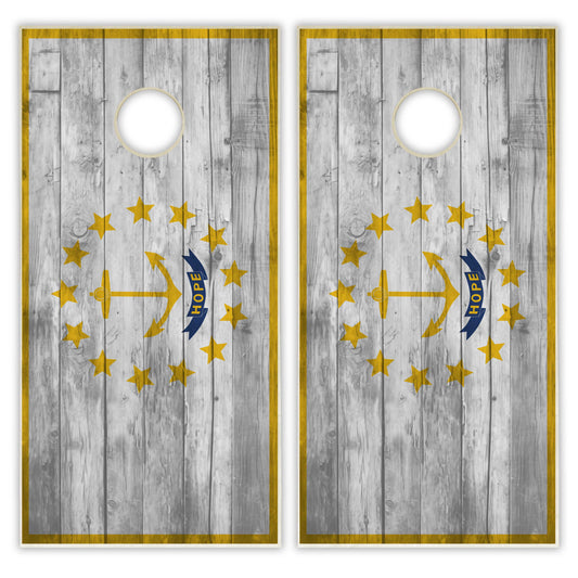 Rhode Island State Flag Cornhole Set - Distressed Wood