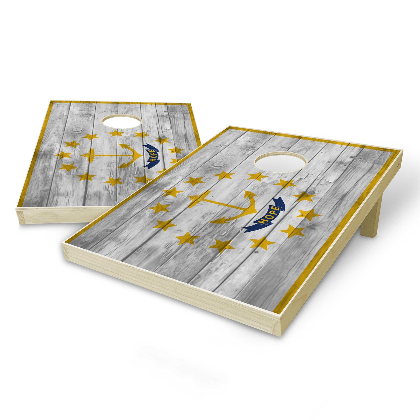 Rhode Island State Flag Tailgate Cornhole Set - Distressed Wood