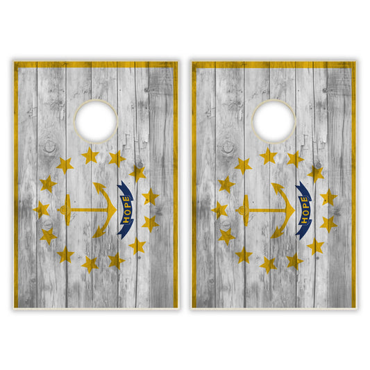 Rhode Island State Flag Tailgate Cornhole Set - Distressed Wood