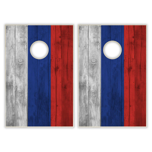Russia Flag Tailgate Cornhole Set - Distressed Wood