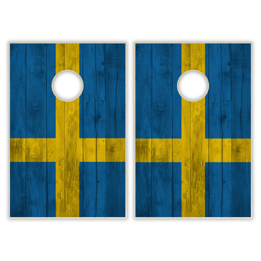 Sweden Flag Tailgate Cornhole Set - Distressed Wood