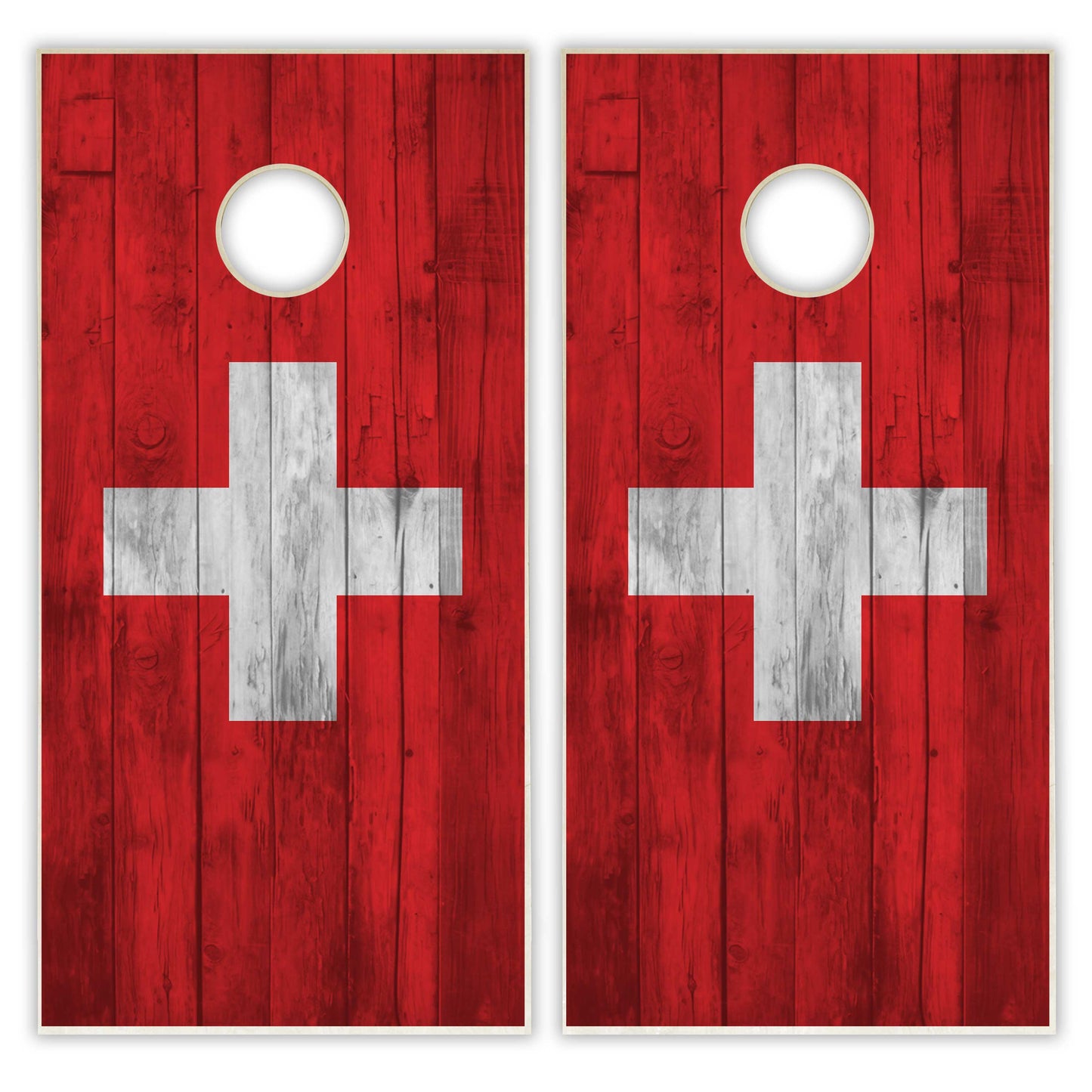 Switzerland Flag Cornhole Set - Distressed Wood