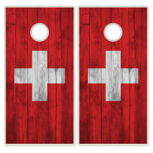 Switzerland Flag Cornhole Set - Distressed Wood
