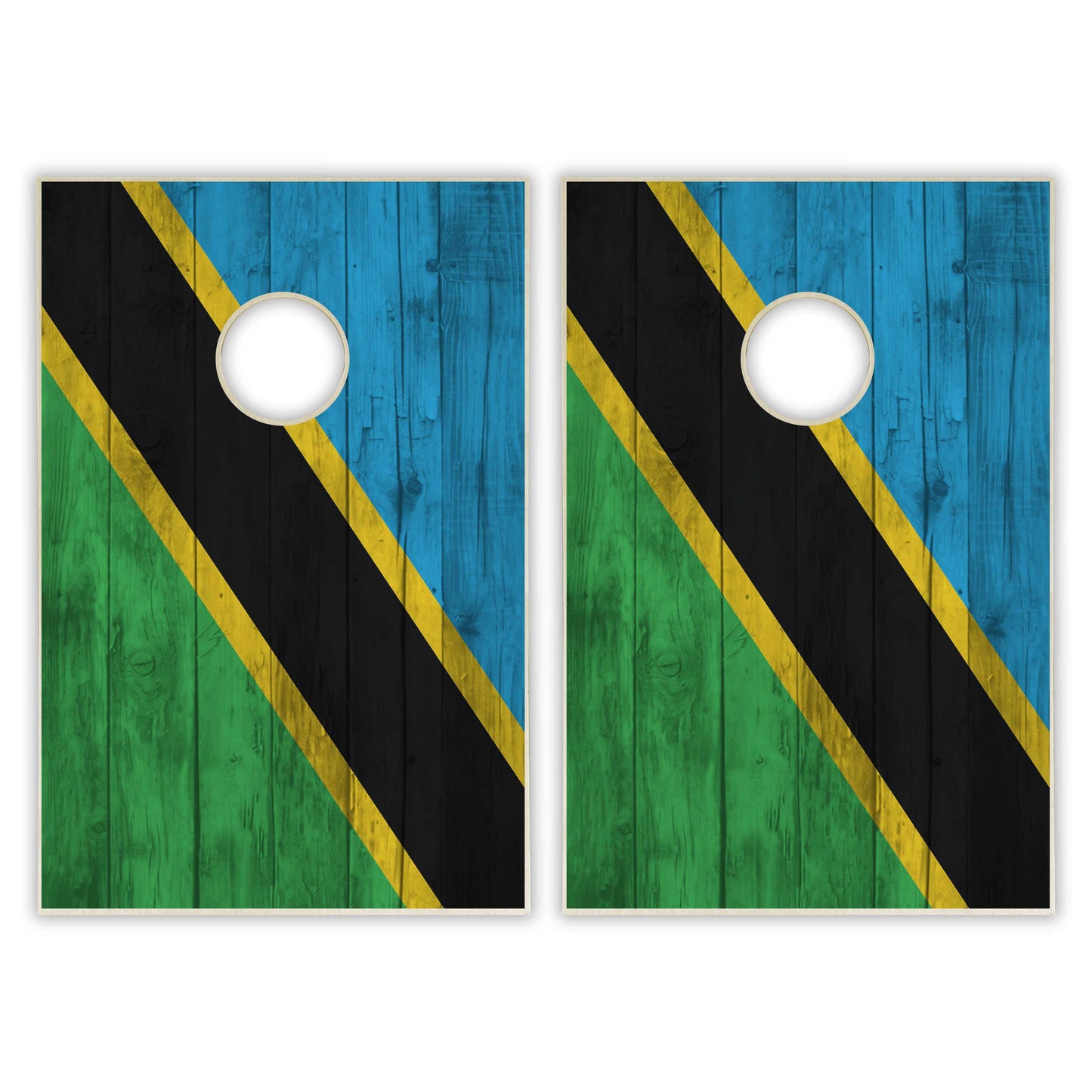 Tanzania Flag Tailgate Cornhole Set - Distressed Wood