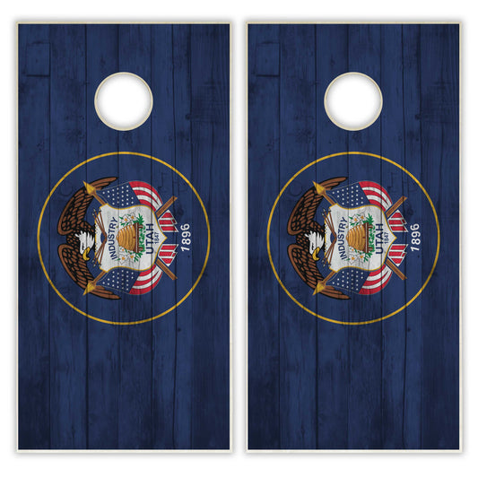 Utah State Flag Cornhole Set - Distressed Wood