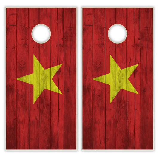 Vietnam Flag Cornhole Set - Distressed Wood