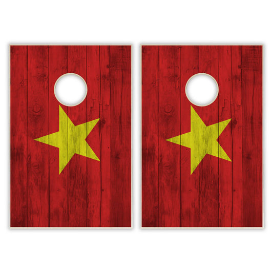 Vietnam Flag Tailgate Cornhole Set - Distressed Wood