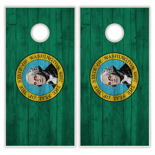 Washington State Flag Cornhole Set - Distressed Wood
