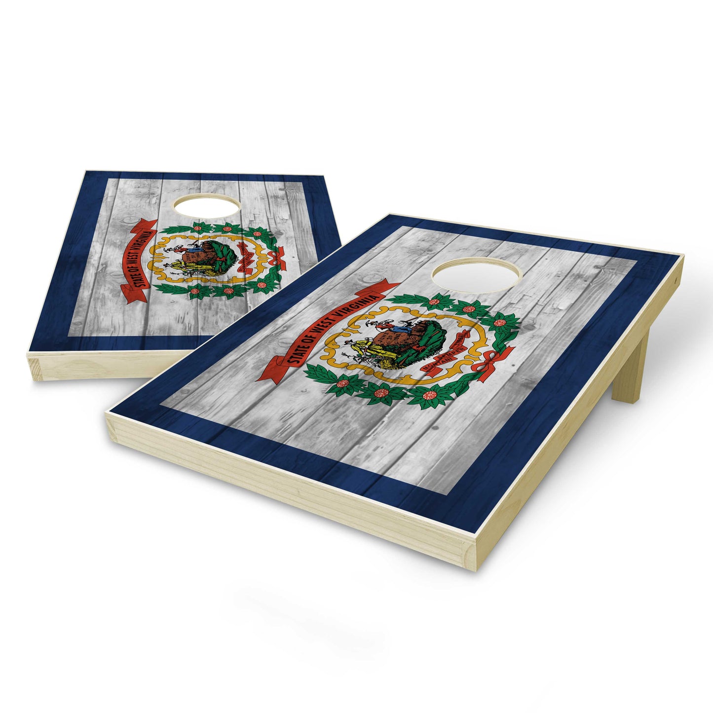 West Virginia State Flag Tailgate Cornhole Set - Distressed Wood