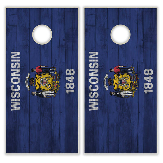 Wisconsin State Flag Cornhole Set - Distressed Wood