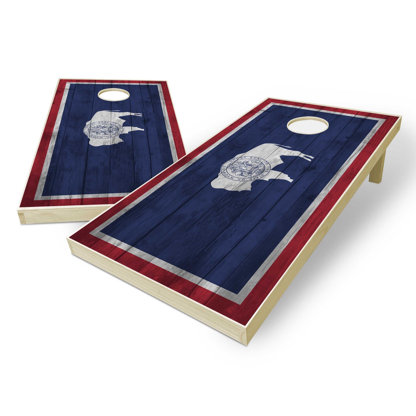 Wyoming State Flag Cornhole Set - Distressed Wood