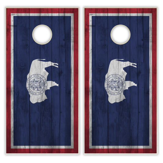 Wyoming State Flag Cornhole Set - Distressed Wood