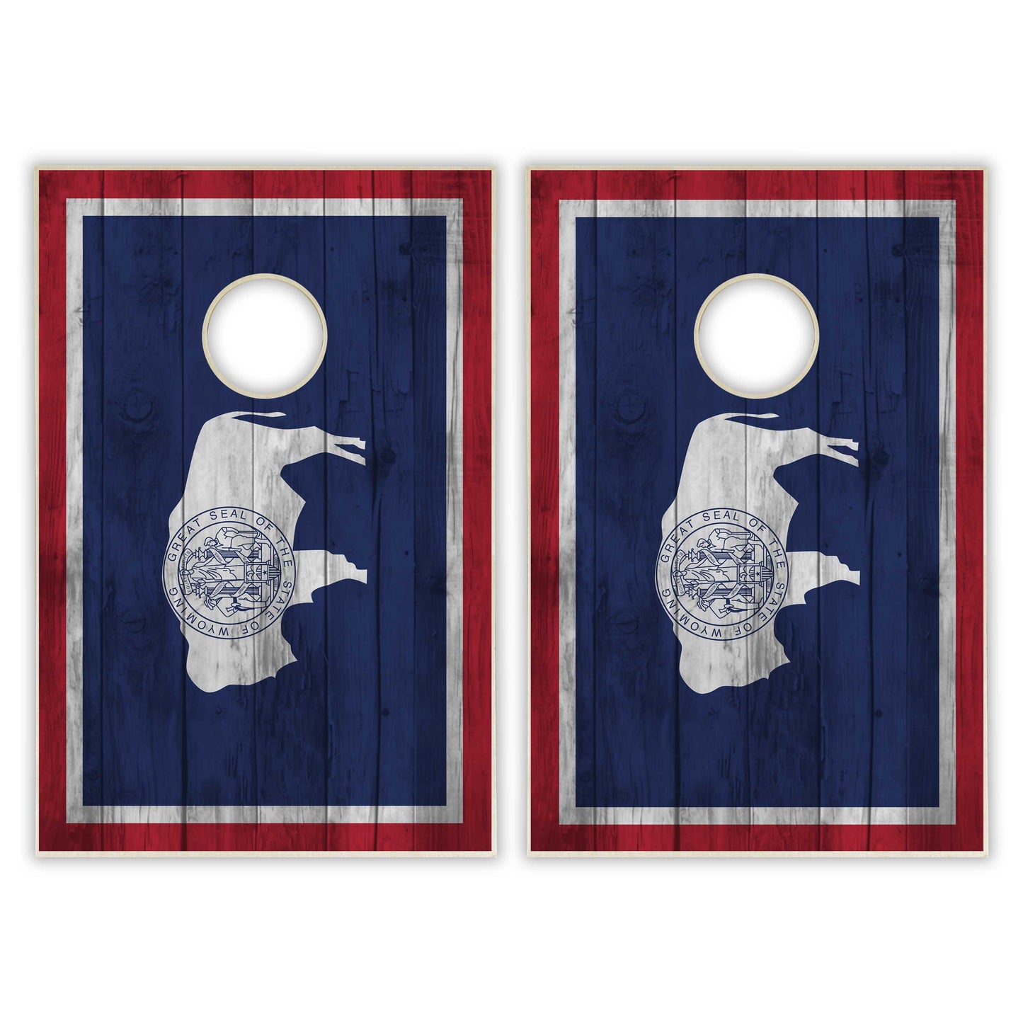Wyoming State Flag Tailgate Cornhole Set - Distressed Wood