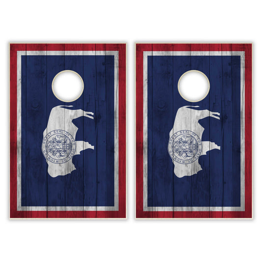 Wyoming State Flag Tailgate Cornhole Set - Distressed Wood