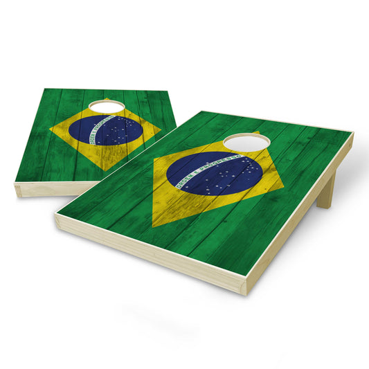 Brazil Flag Tailgate Cornhole Set - Distressed Wood