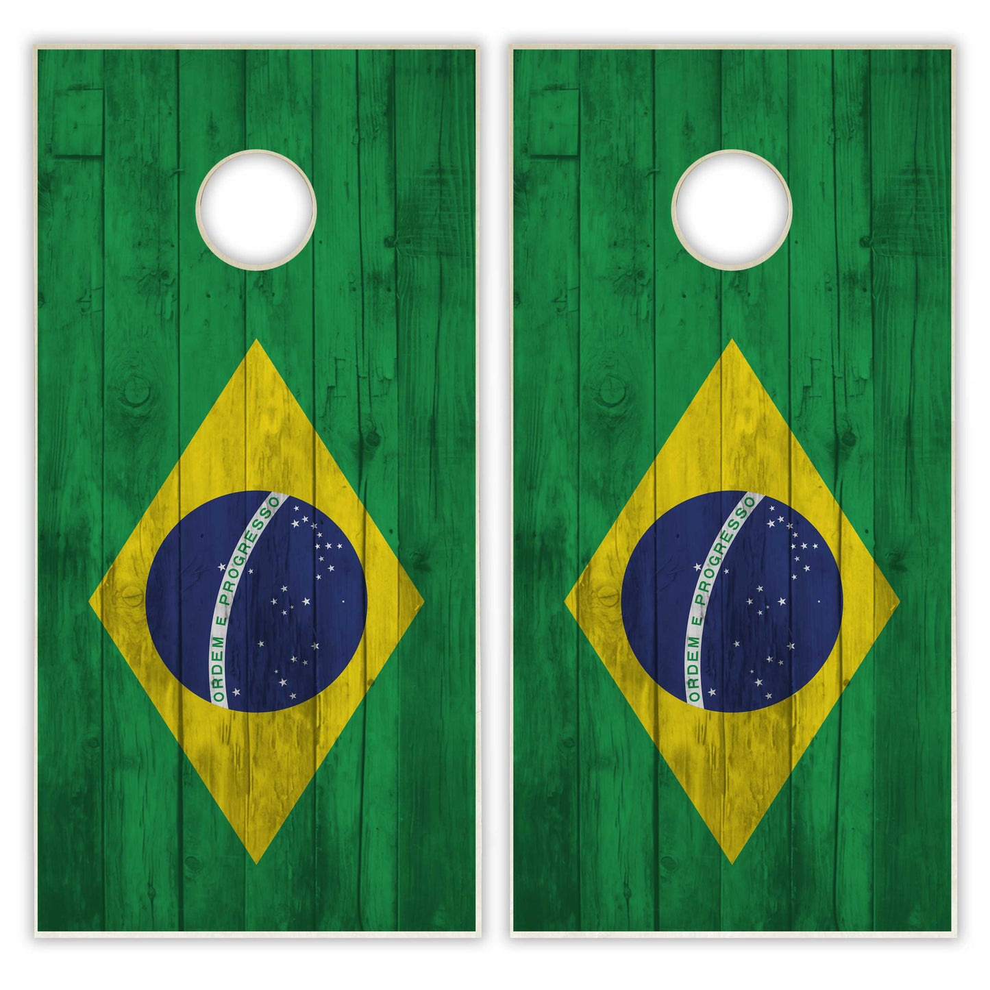 Brazil Flag Cornhole Set - Distressed Wood