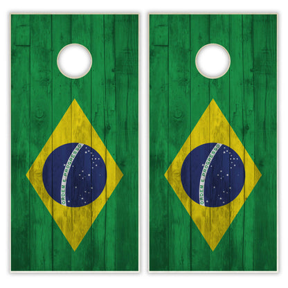 Brazil Flag Cornhole Set - Distressed Wood