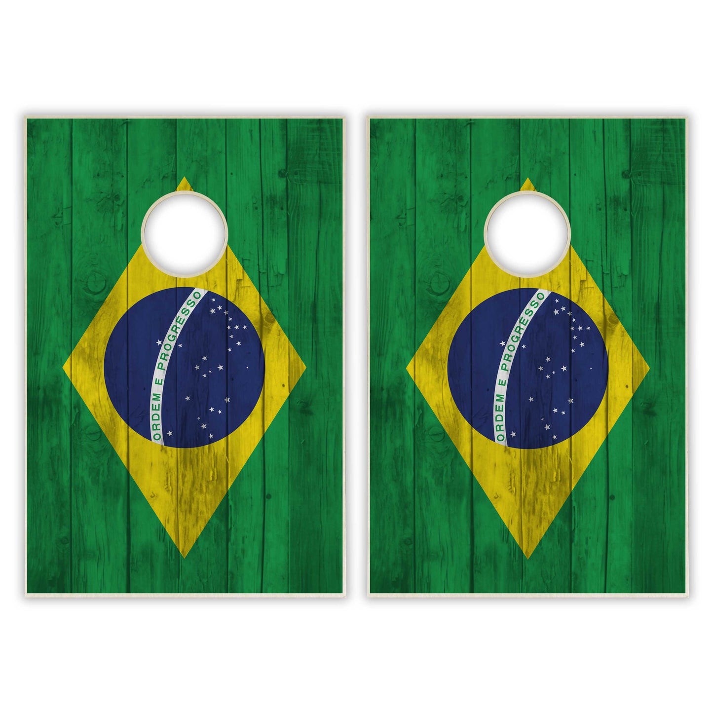 Brazil Flag Tailgate Cornhole Set - Distressed Wood